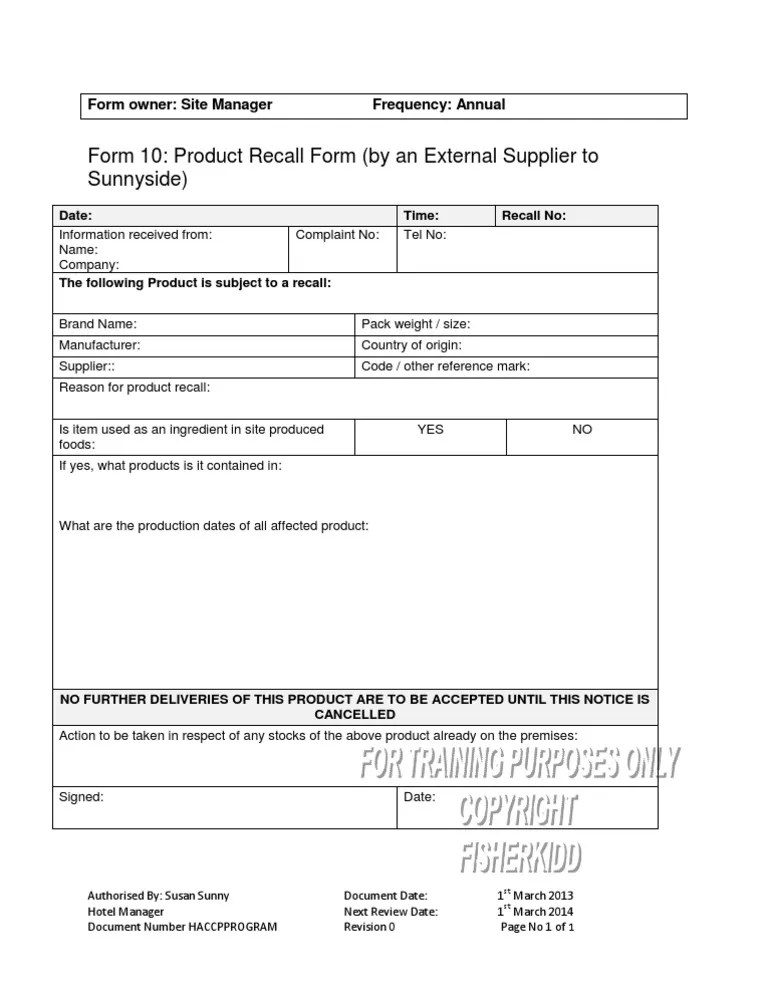 Form Product Recall Form Business