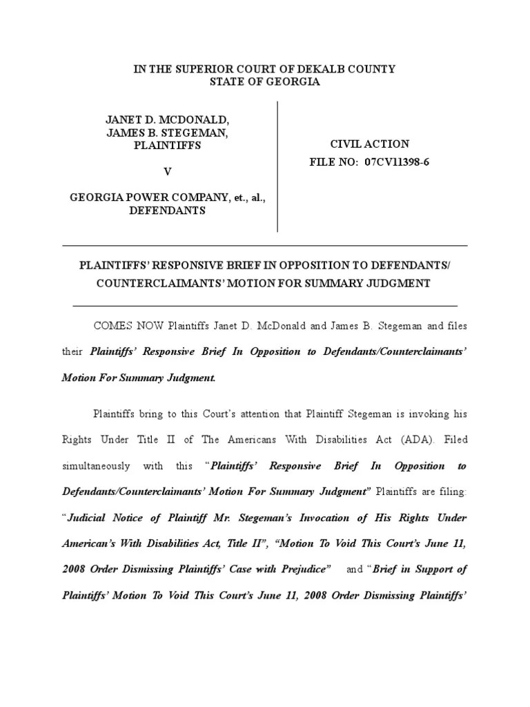 Plaintiffs Response in Oppostion to Summary Judgment Summary Judgment