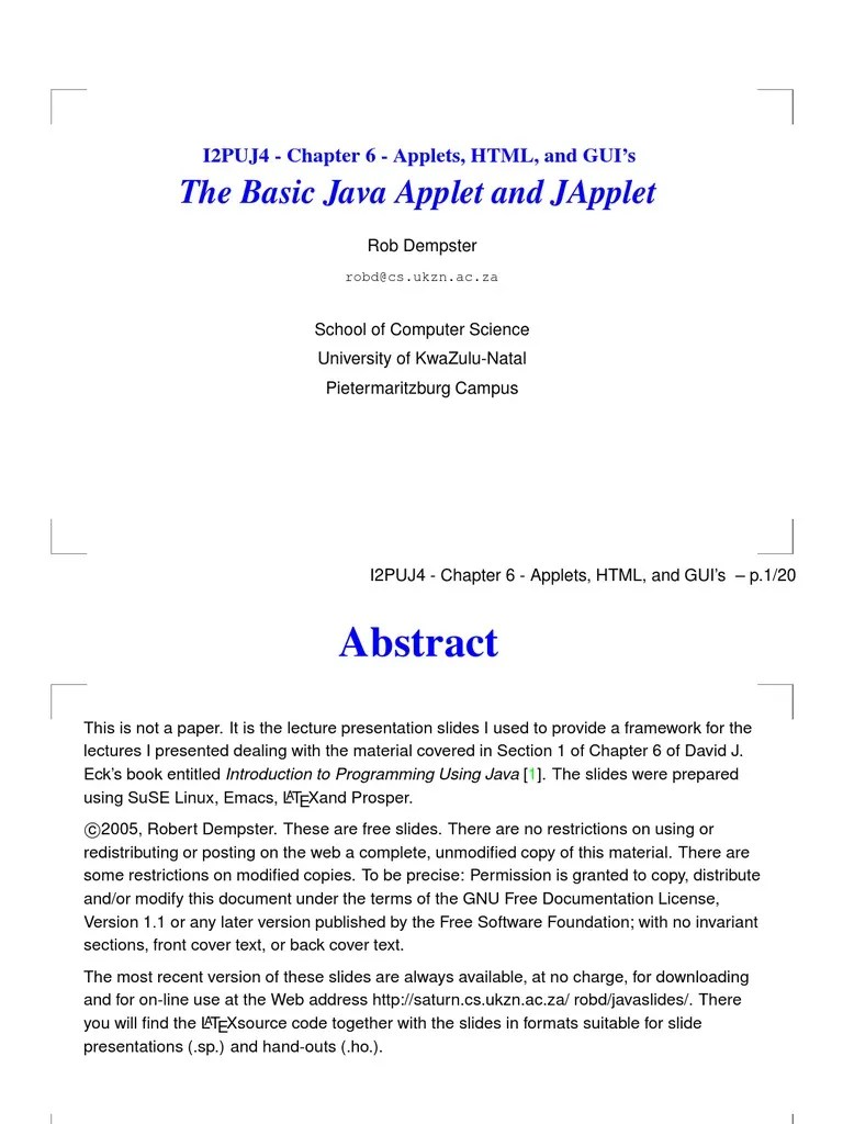 The Basic Java Applet and Japplet: I2Puj4 - Chapter 6 - Applets, HTML