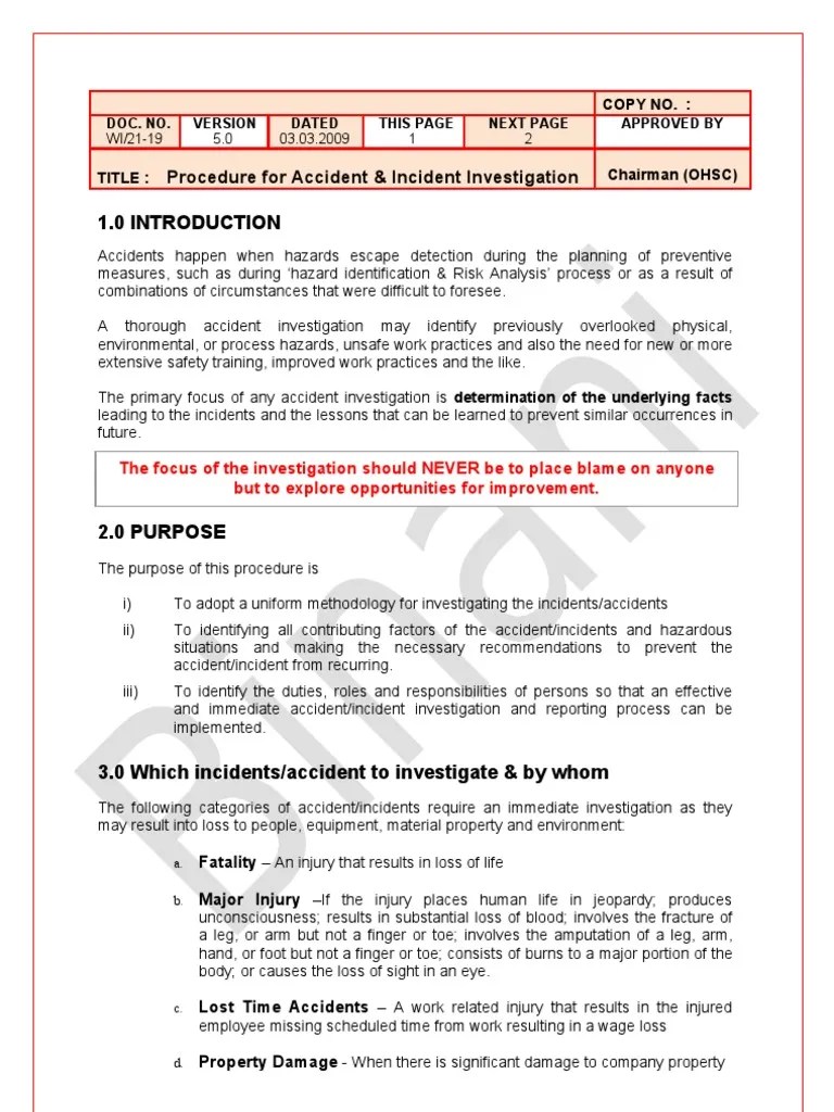 Procedure For Accident Incident Investigation Traffic Collision