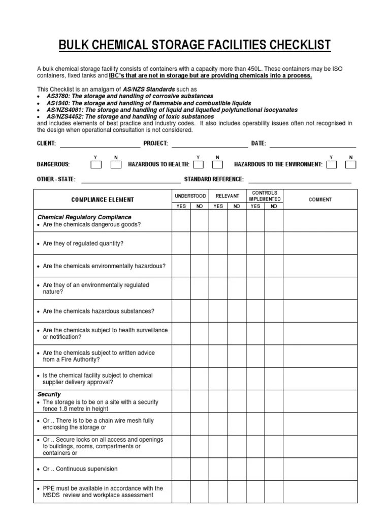 Bulk Chemical Facilities Checklist Dangerous Goods Pump