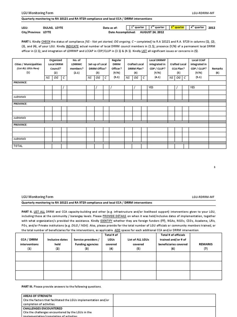 DRRM LGU Monitoring Form (Prov & Cities) Capacity Building Politics
