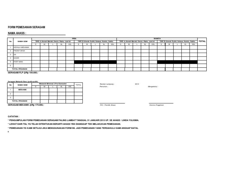 Form Pemesanan Seragam AHASS | PDF