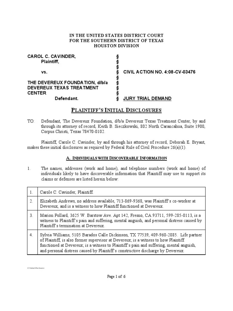 C3 Initial Disclosures PDF Federal Rules Of Civil Procedure Equal