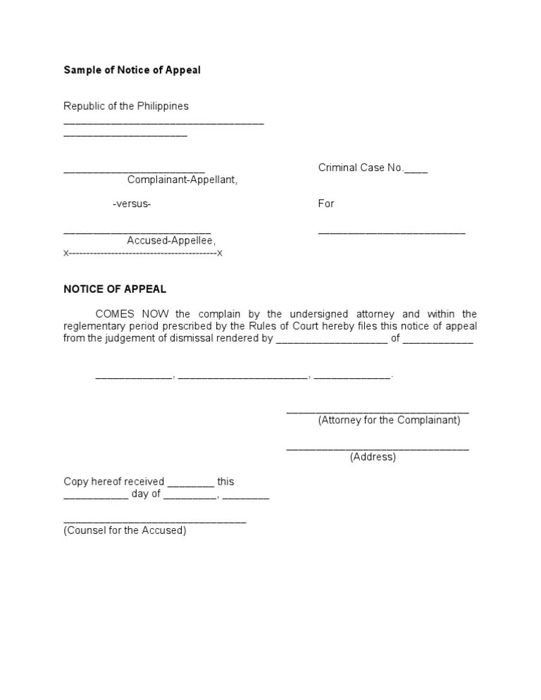 Sample of Notice of Appeal