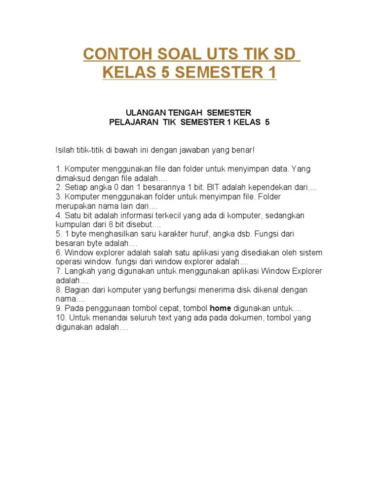 Soal Uts Tik Kelas 5 Semester 1 Dan Kunci Jawaban – Nasi