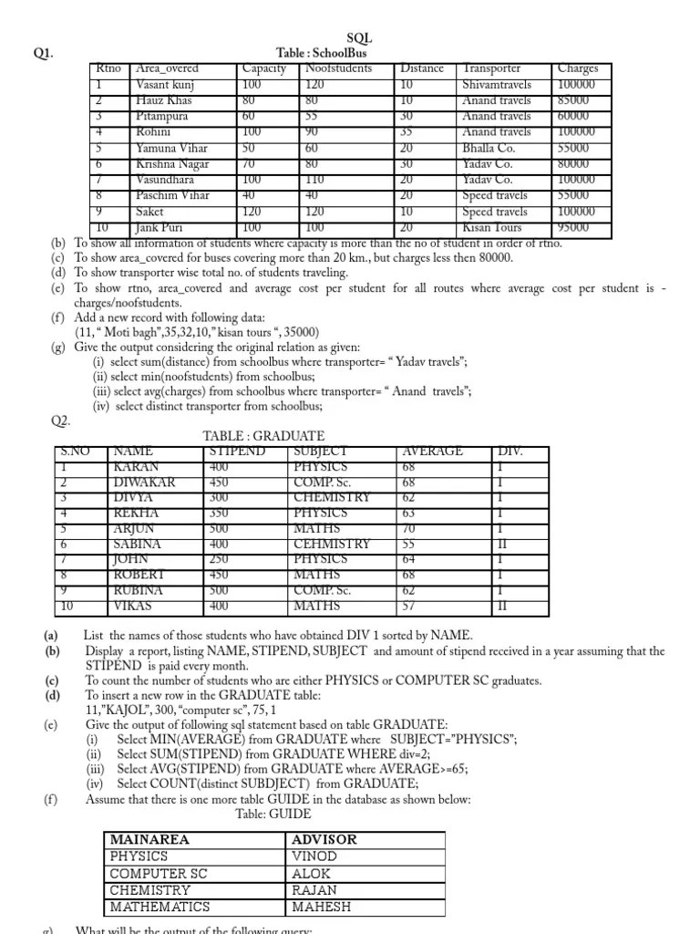 SQL Practice Questions Part 1 Databases Data Management