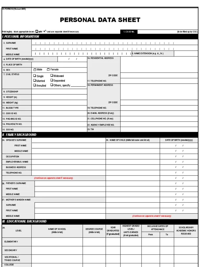 Personal Data Sheet Form