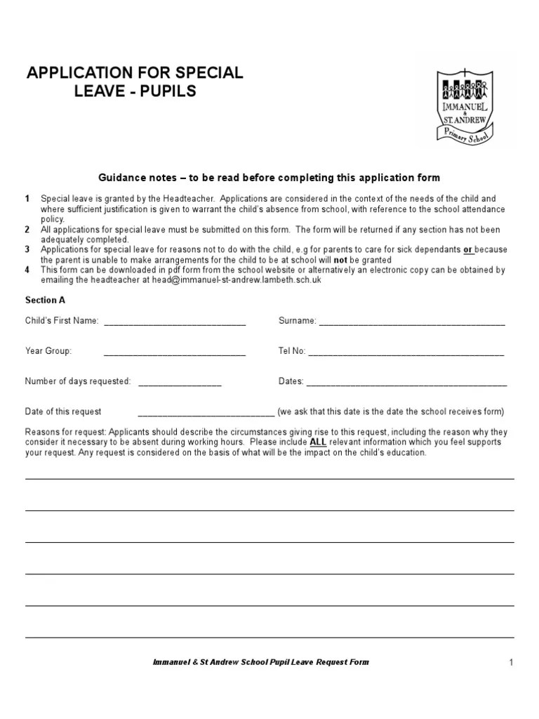 Pupil Special Leave Form Caregiver Justice