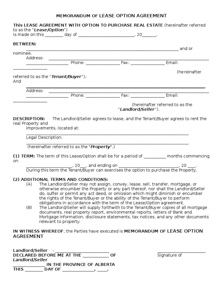 Memorandum of Lease Option Agreement Lease Leasehold Estate