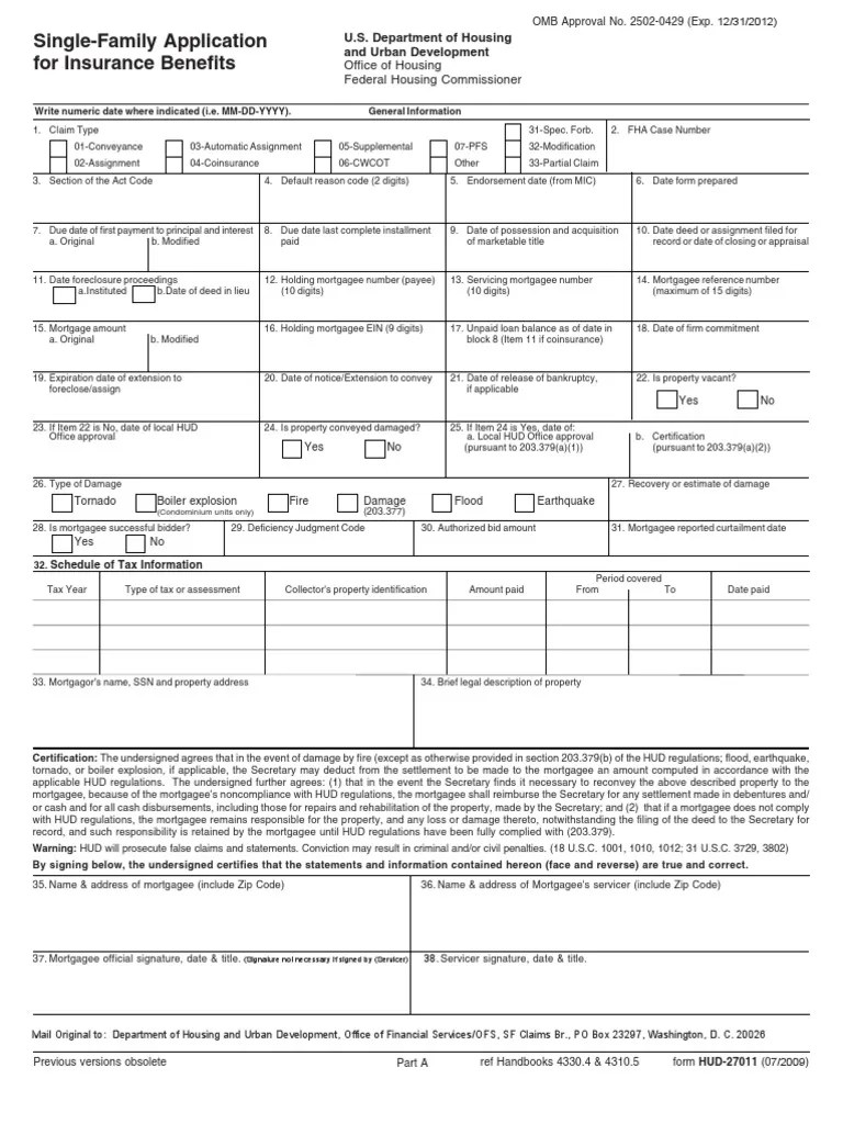 0000 AA 7 HUD Insurance Claim Form HUD27011 FILLIBLE Form Copy