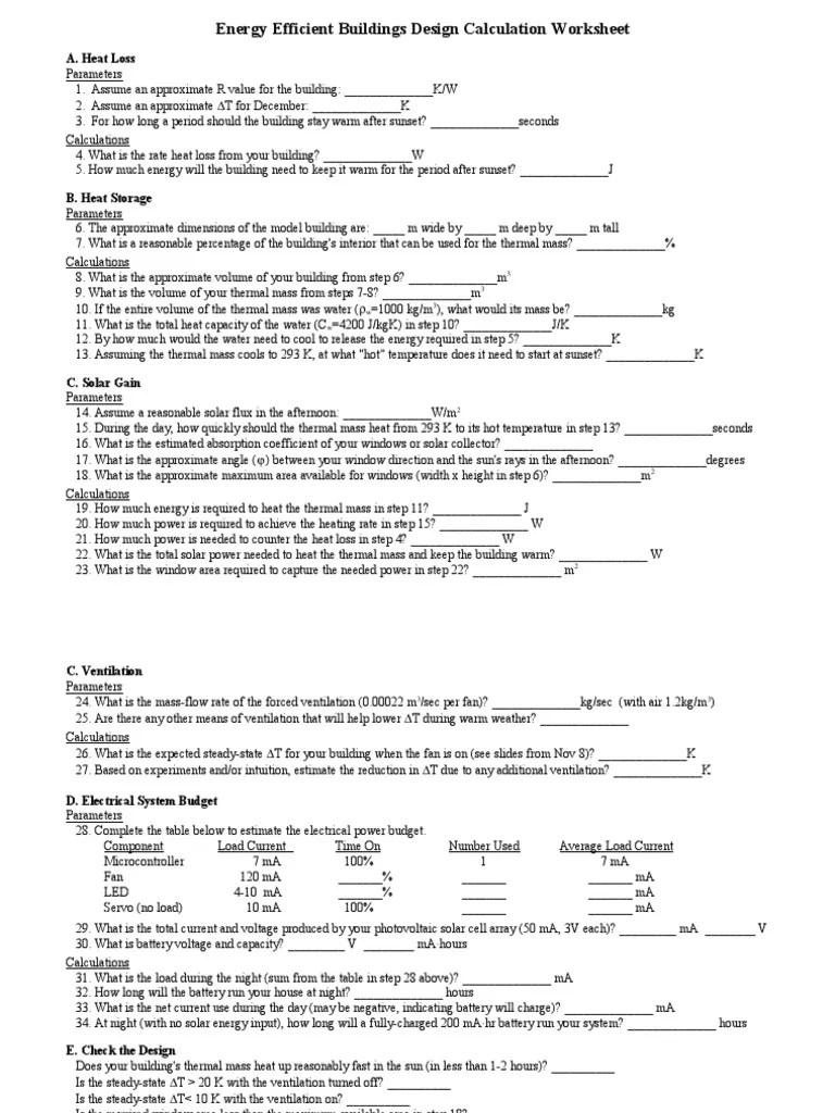 Energy Efficient Buildings Design Calculation Worksheet: A. Heat Loss