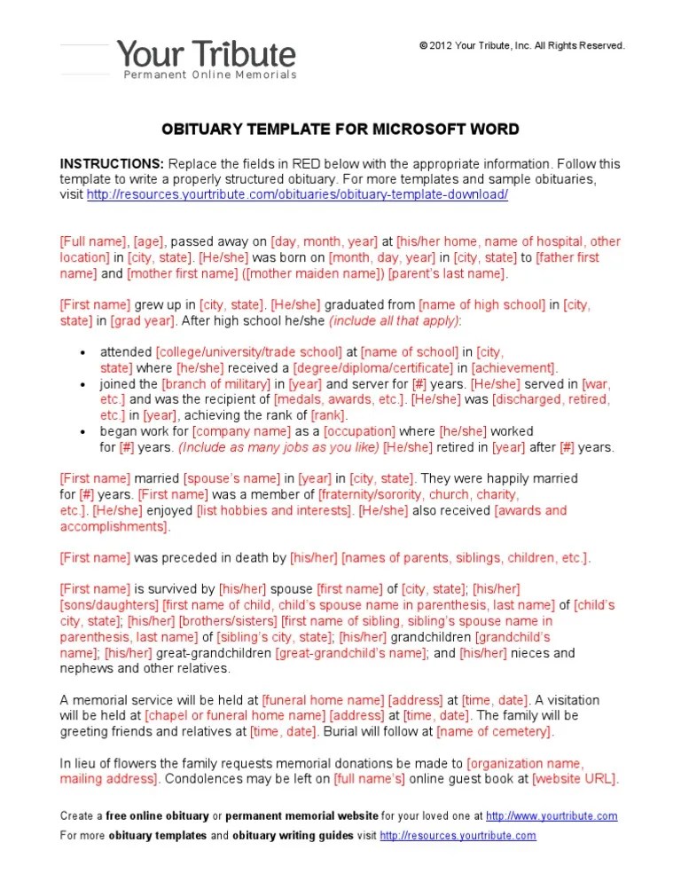 Obituary Template for Microsoft Word Funeral Sibling