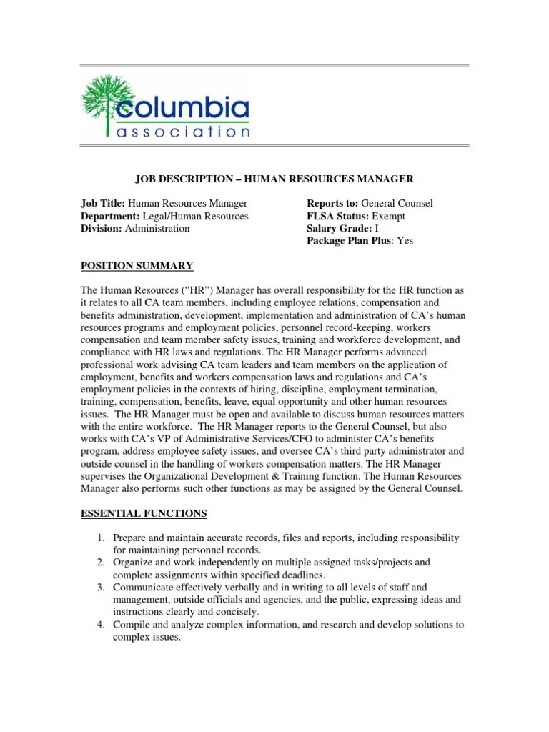 Hr Manager Job Description i Human Resource Management Employment