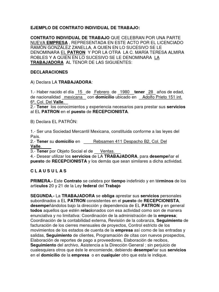 Ejemplo de Contrato Individual de Trabajo