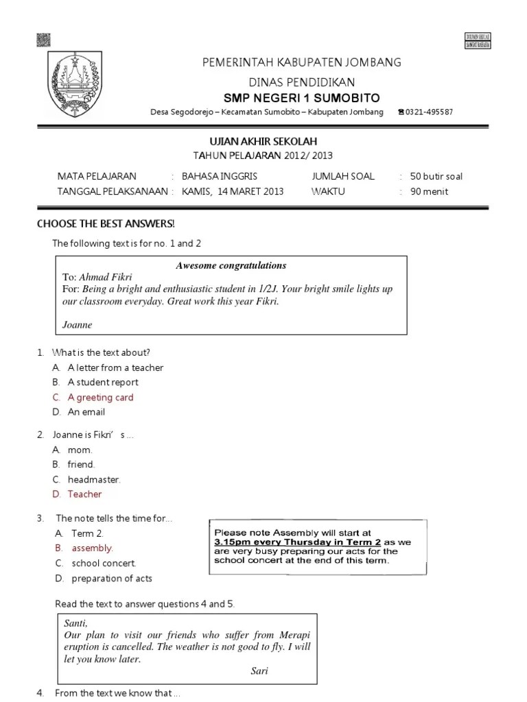 Soal Bahasa Inggris Smp Kelas 9 Dan Kunci Jawaban Pdf - Revisi Id