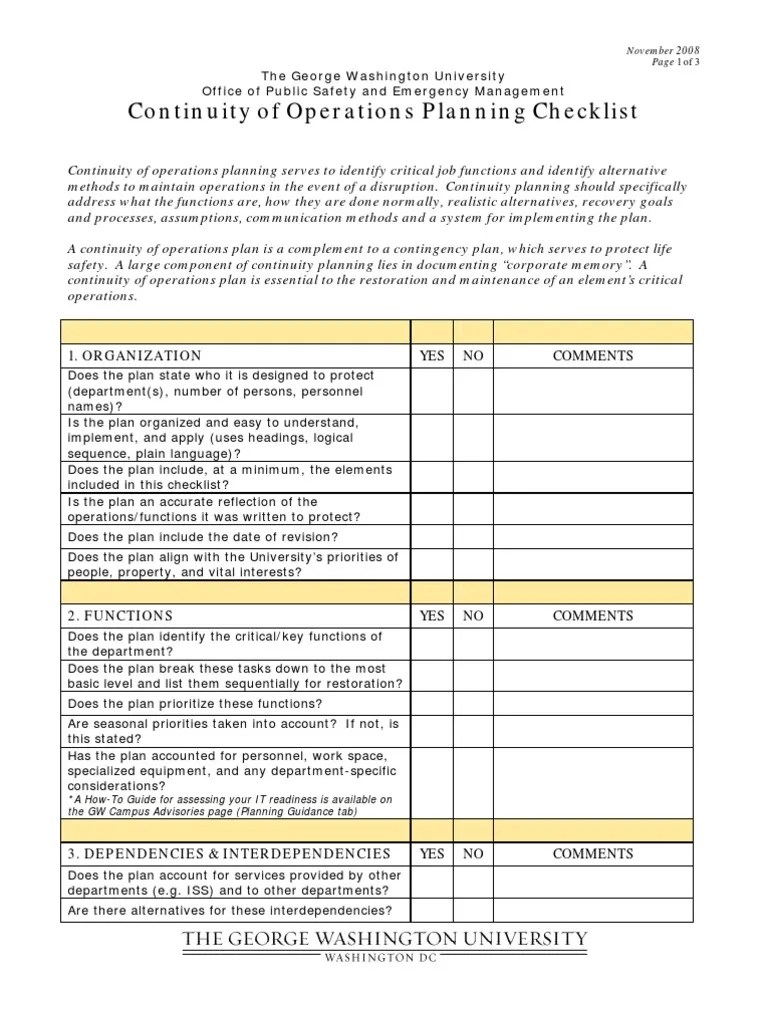 Disaster COOP Planning Checklist 2008 PDF Emergency Management