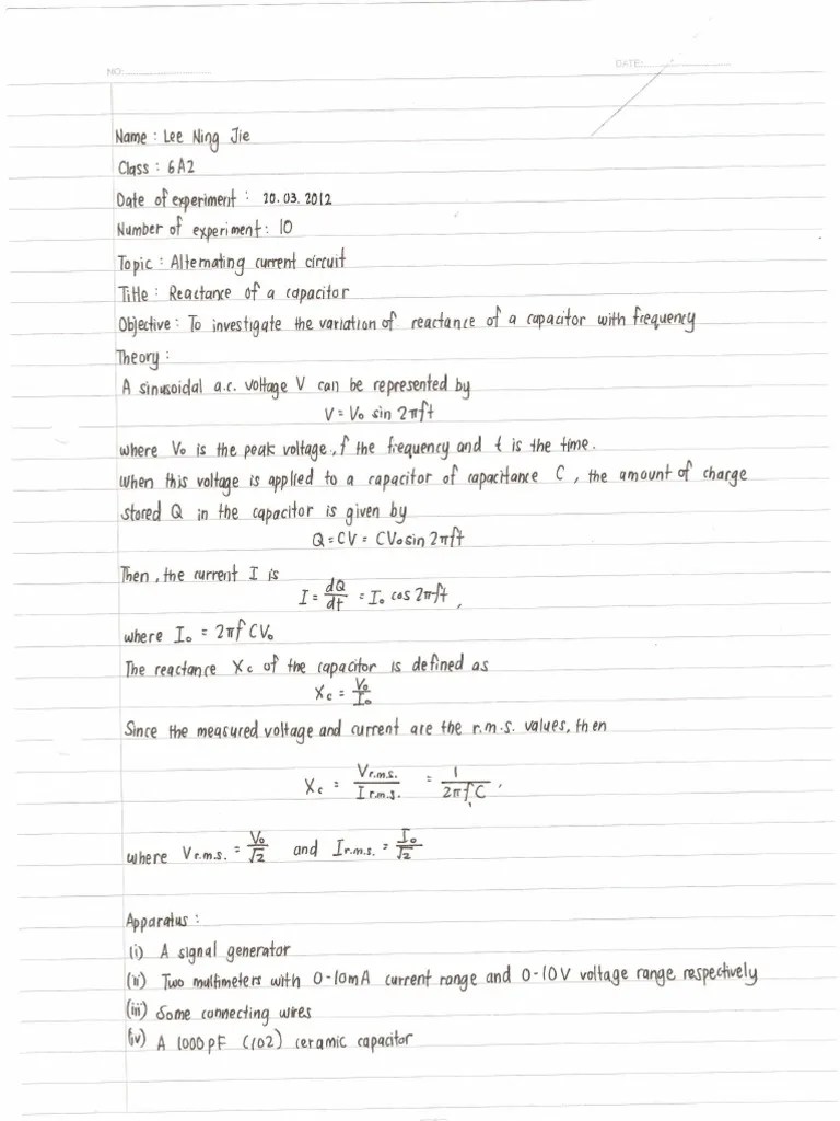 STPM Physics Experiment 10 Reactance of A Capacitor (Second Term) PDF