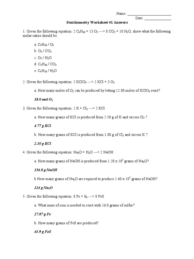 Stoichiometry Worksheet+Answers | Mole (Unit) | Iron