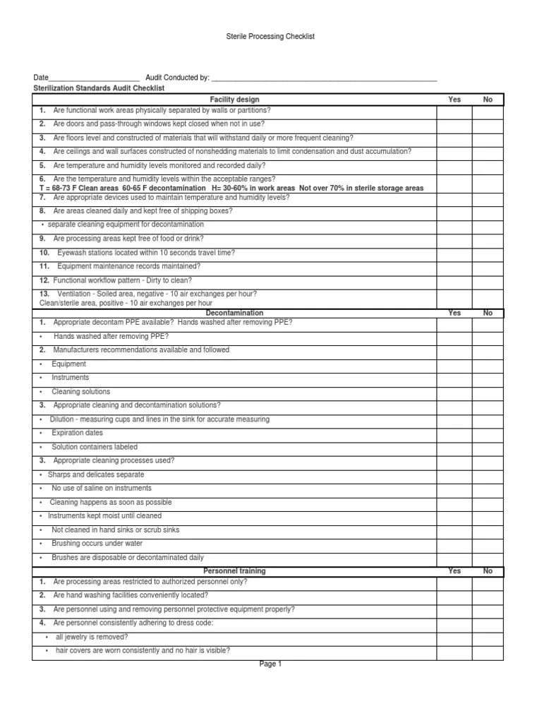 Sterile Processing Checklist PDF Sterilization (Microbiology