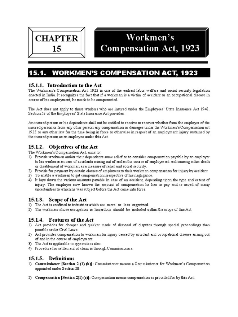 Workmen's Compensation Act, 1923 Workers' Compensation Indemnity
