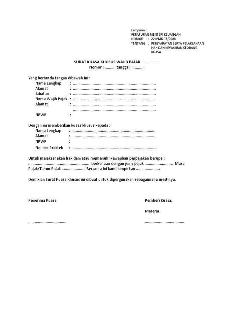 Contoh Surat Kuasa Bayar Pajak