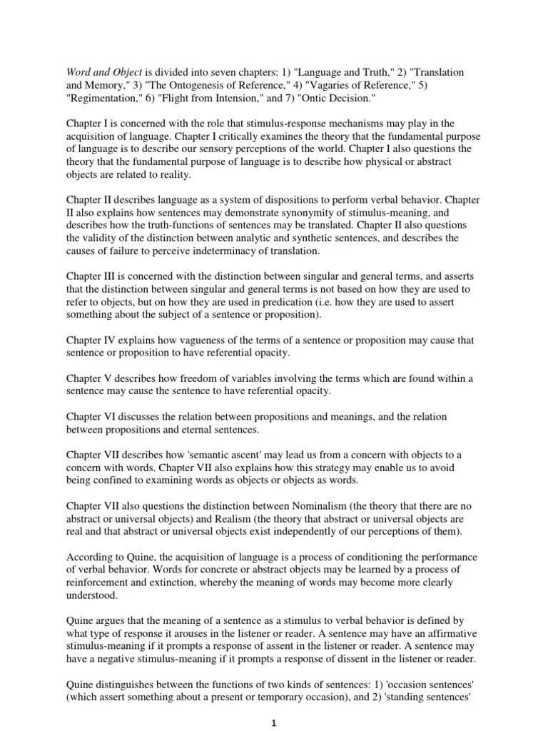 Quine Word and Object Is Divided Into Seven Chapters PDF