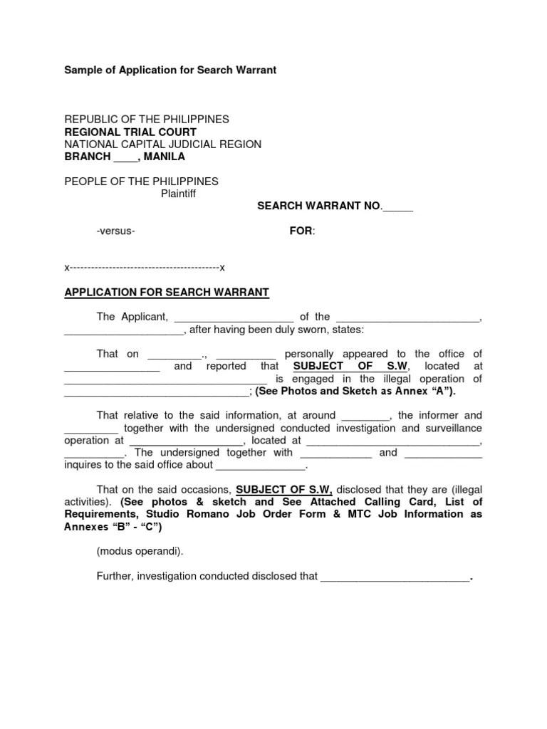 Sample of Application for Search Warrant