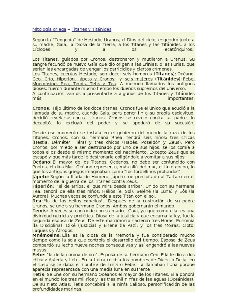 Ver más ideas sobre titanes griegos, mitología, mitologia griega. Mitologia Griega Titanes Y Titanides Mitologia Paleo Balcanica Literatura Griega Antigua