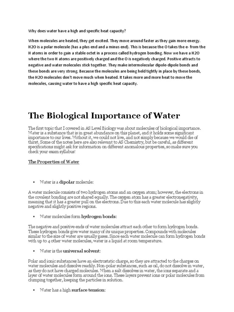 Why Does Water Have a High and Specific Heat Capacity Properties Of