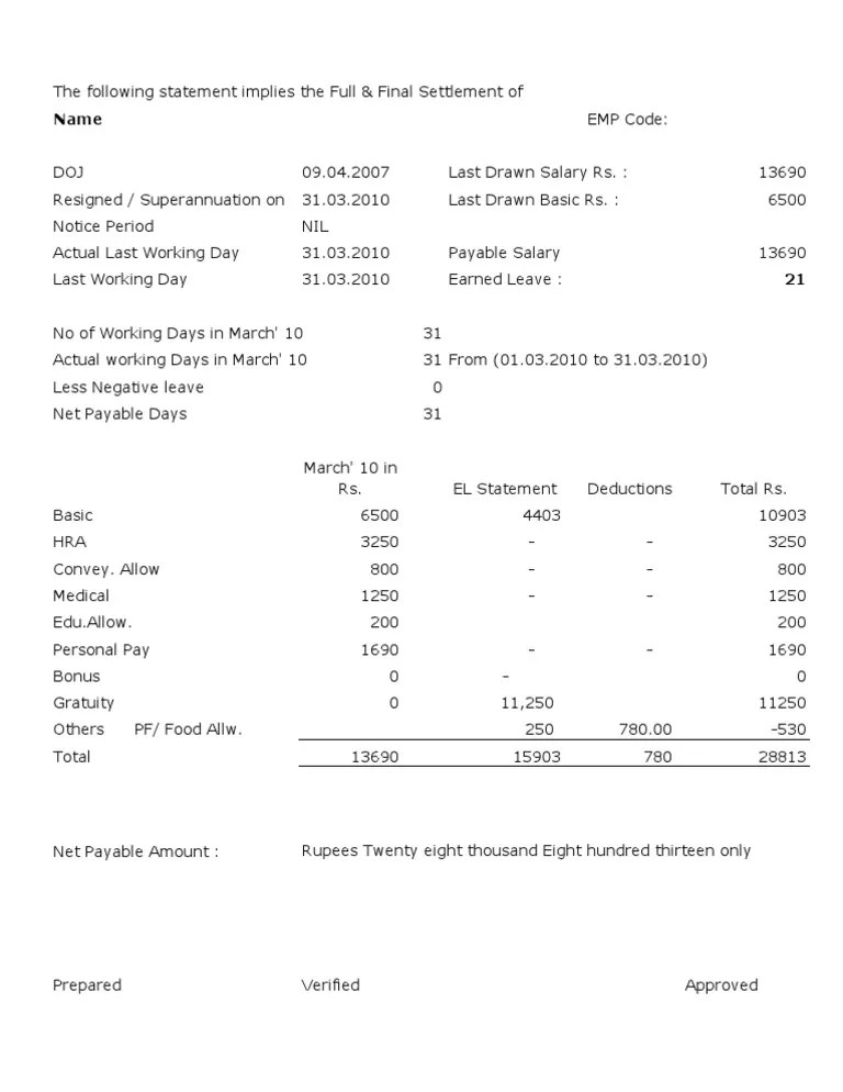 Full and Final Settlement Format