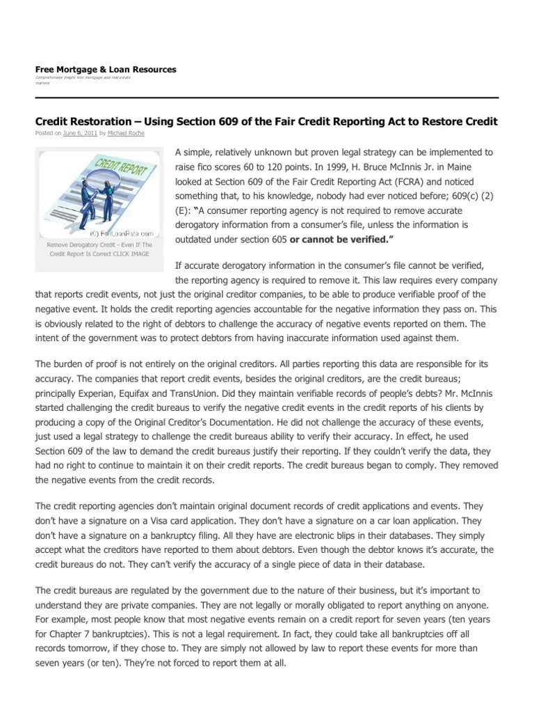 Credit Restoration Under FCRA 609 Credit Bureau Credit Score