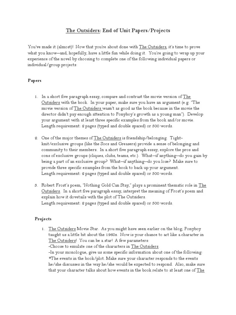 The Outsiders (Papers and Projects) PDF Essays Paragraph