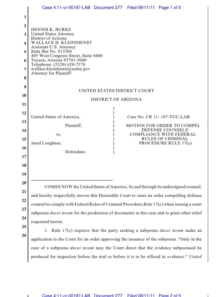 UNITED STATES DISTRICT COURT DISTRICT OF ARIZONA Subpoena Subpoena