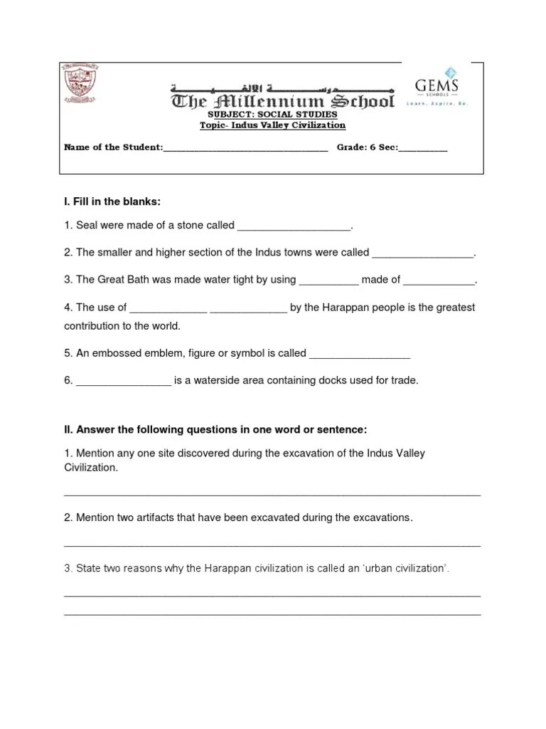 Indus Valley Worksheet