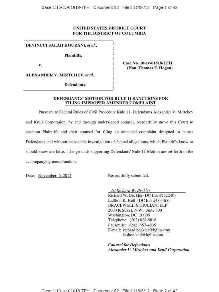 Motion for Rule 11 Sanctions of Plaintiffs D and I Hourani for Filing