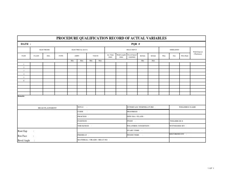 Welding Parameter Sheet PQR Template