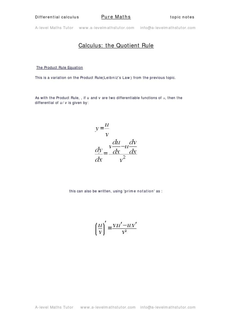 The Quotient Rule, Differential Calculus Notes From ALevel Maths Tutor