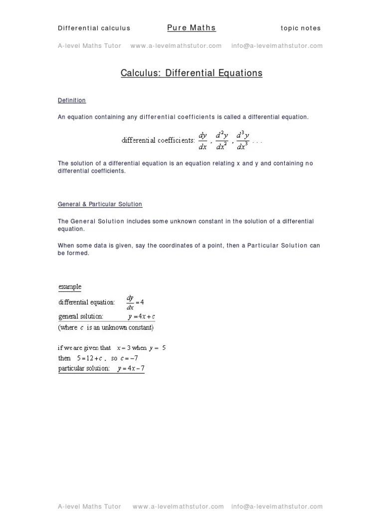 Differential Equations, Calculus Notes From ALevel Maths Tutor PDF