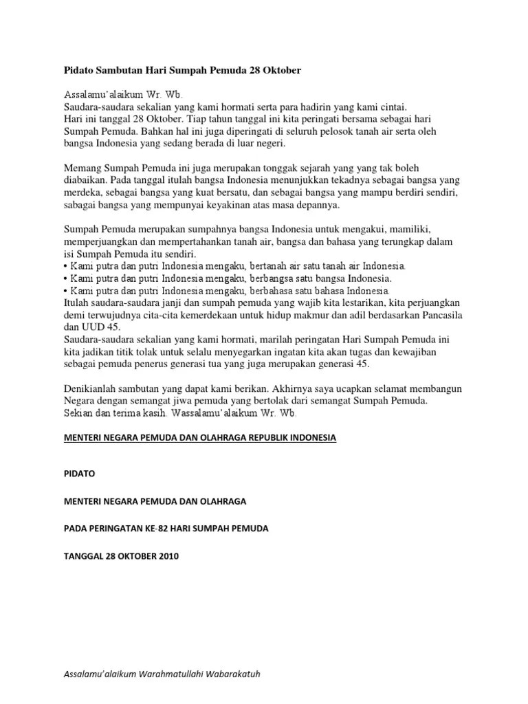 Pidato Sambutan Hari Sumpah Pemuda 28 Oktober | PDF