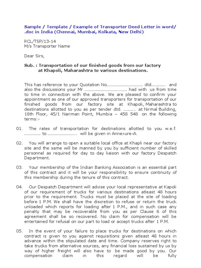 transport contract agreement format truck indemnity 