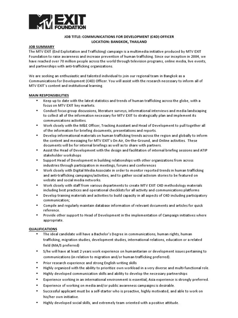 MTV EXIT C4D Officer Job Spec Jan 2013 PDF Communication Science