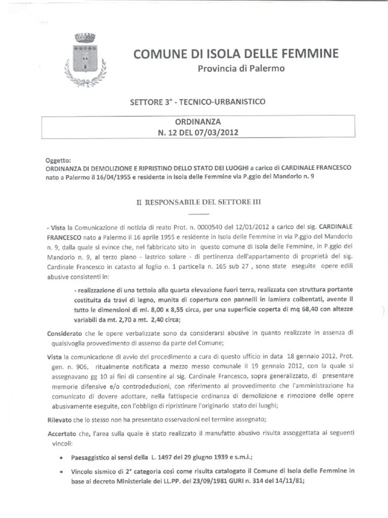 Ordinanza Di Ripristino Dello Stato Dei Luoghi Cardinale Francesco