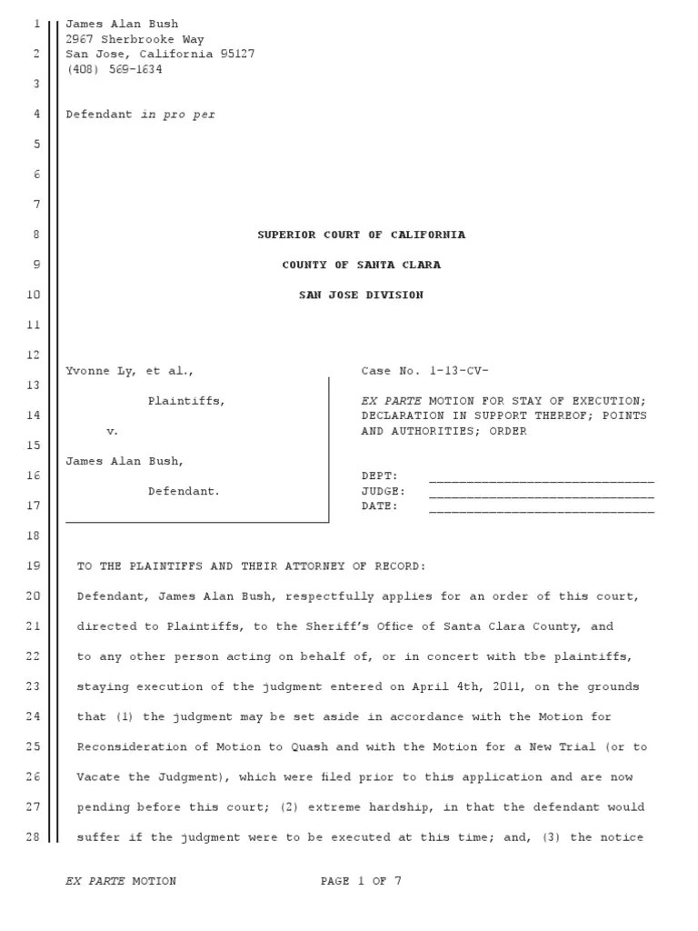 Ex Parte Motion to Stay Execution Ex Parte Leasehold Estate