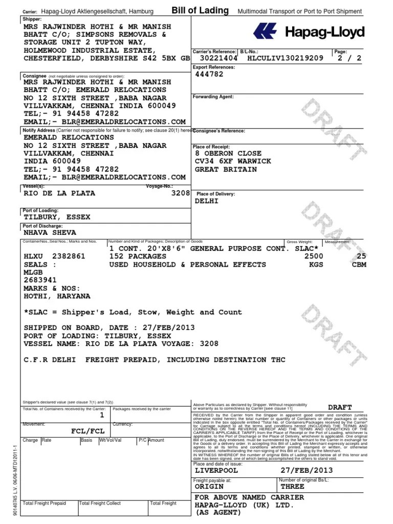 Bill of Lading Copy Bill Of Lading Cargo