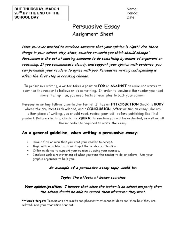 Persuasive Essay Assignment Sheet Persuasion Essays