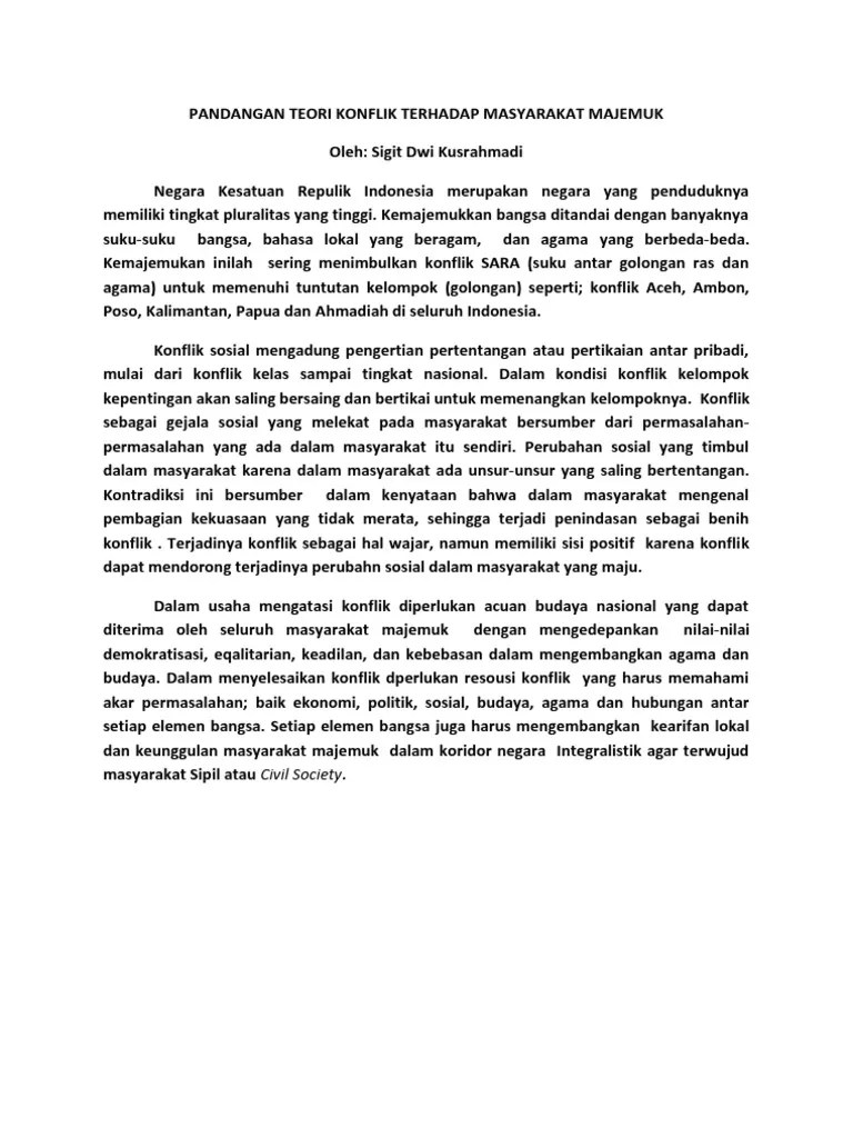 Pandangan Teori Konflik Terhadap Masyarakat Majemuk | PDF