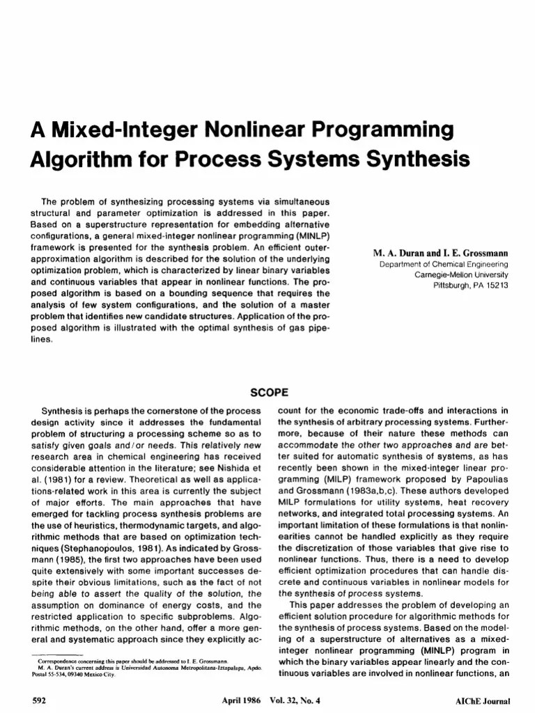 A MixedInteger Programming Algorithm For Process Systems Synthesis Download Free