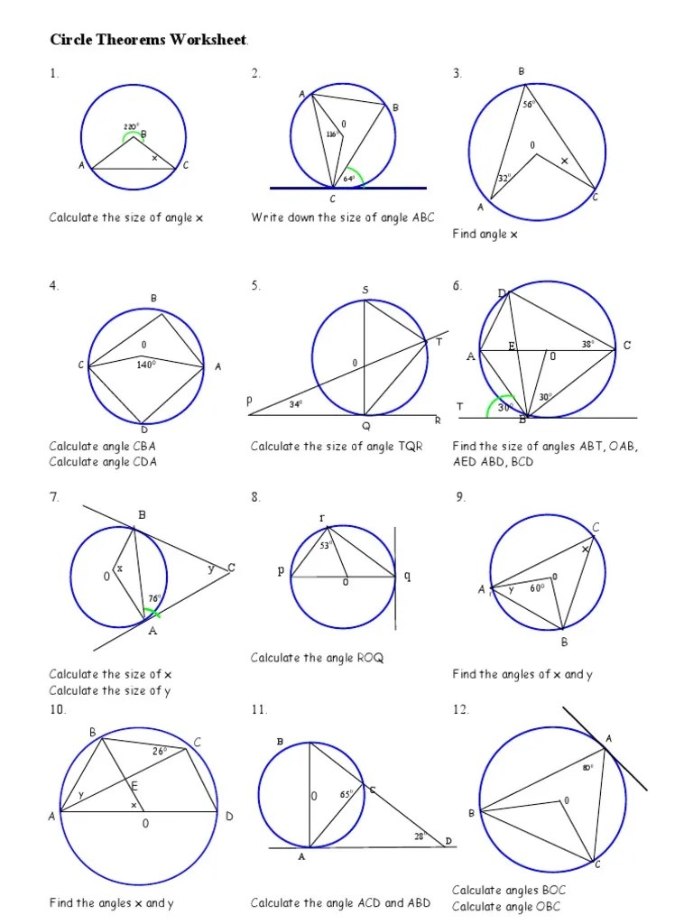 Worksheet Circle Theorems 1