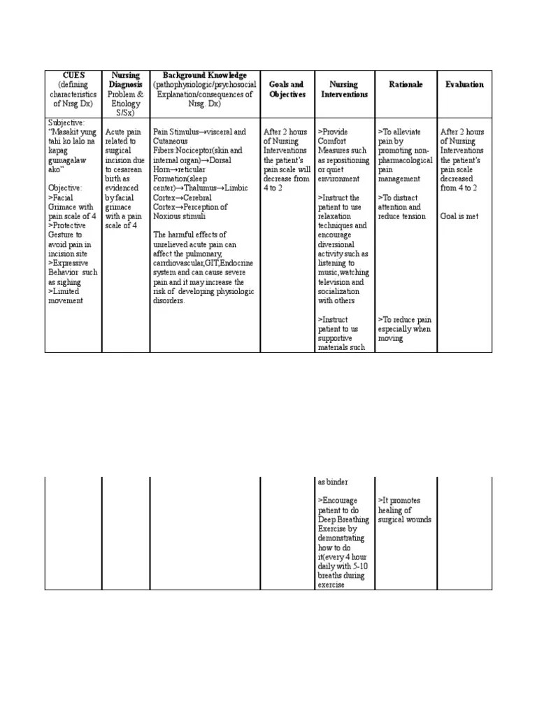 Nursing Care Plan (acute pain for ceasarean birth) HYPOTHETICAL